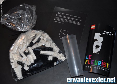 Contenu du coffret Le Fleuriste Arty Noir & Blanc 297 briques Lego, une notice, un moule étanche et un certificat